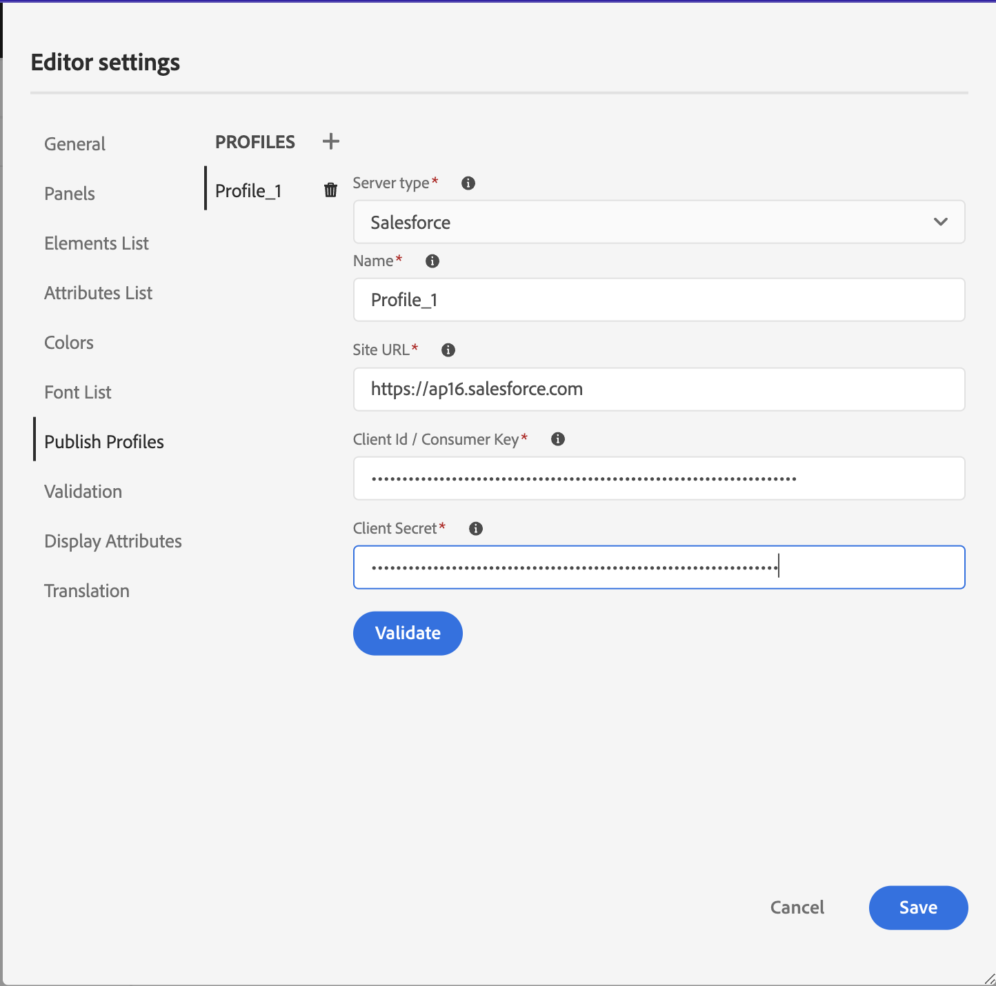 perfil de publicación de salesforce en la configuración del editor