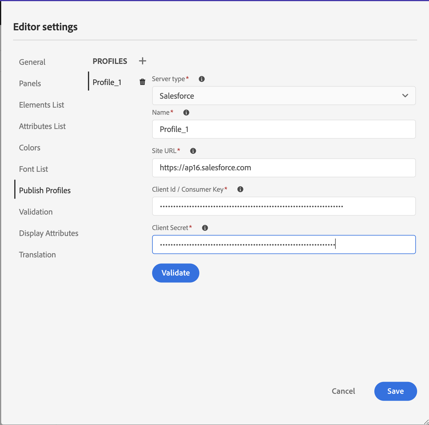 perfil de publicação do salesforce nas configurações do editor