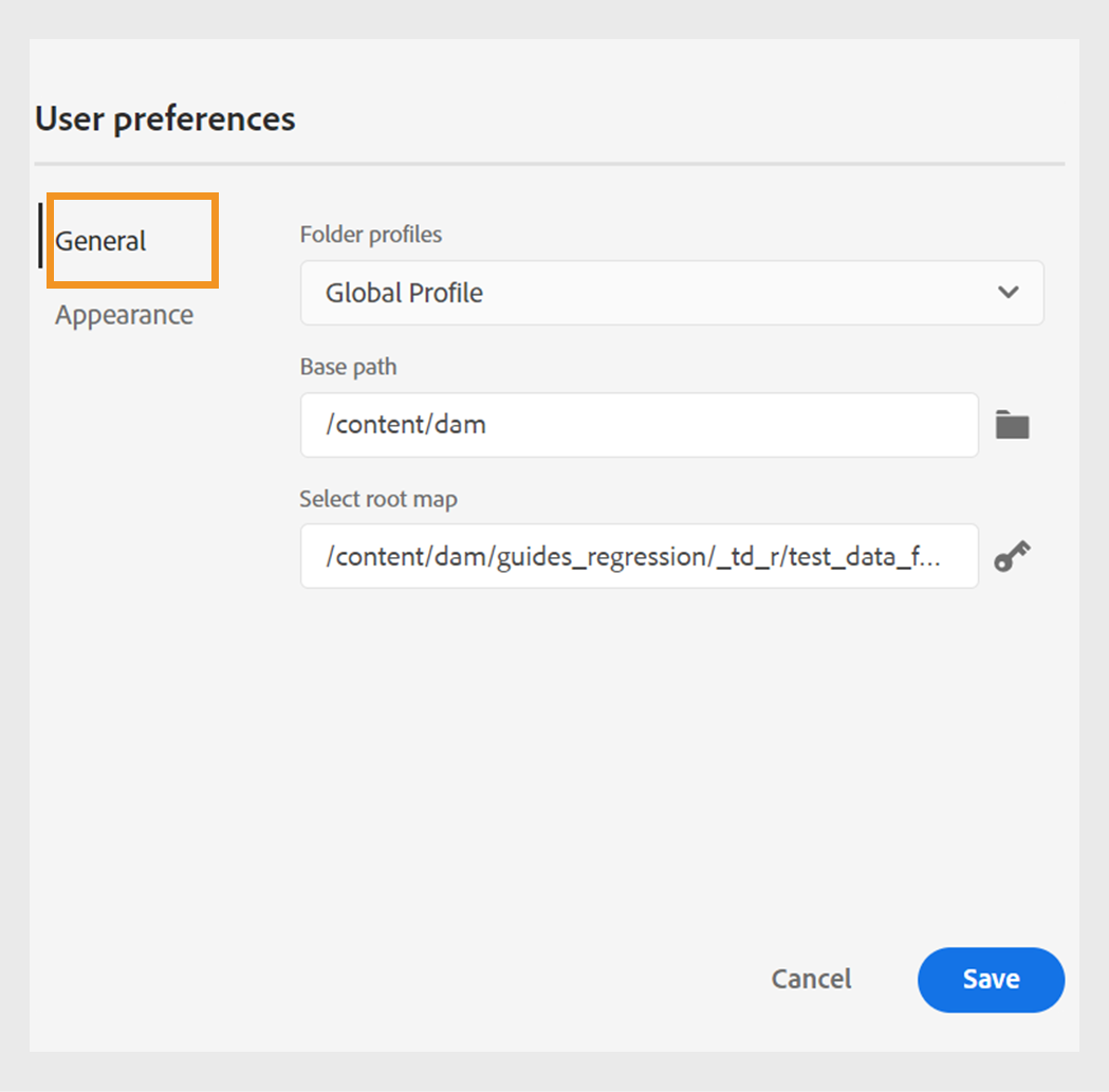 General tab of user preferences