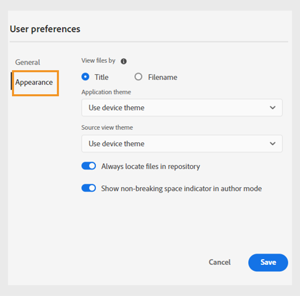 appearance tab of user preferences