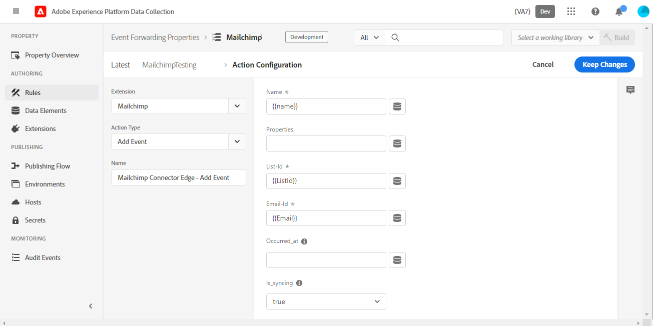 Ajout de la configuration des actions d’événement