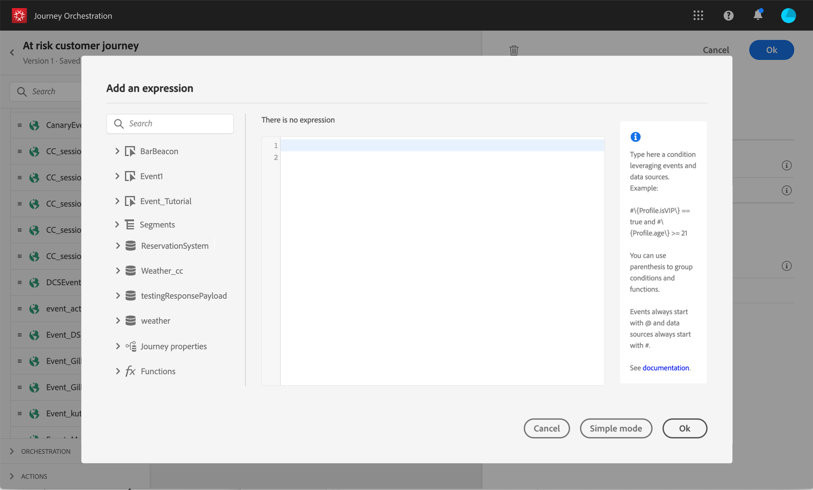 关于高级表达式编辑器 Adobe Journey Orchestration