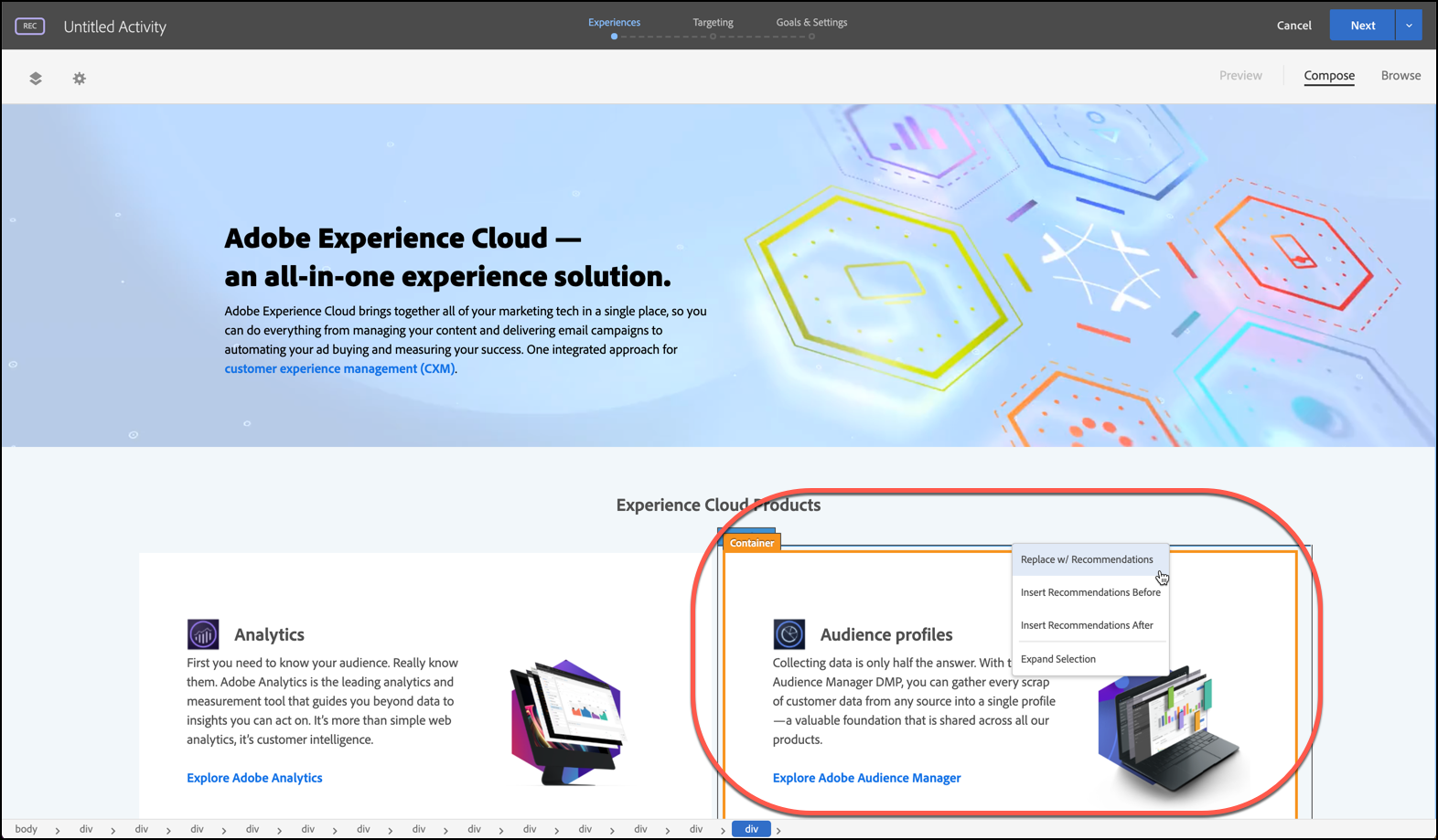 권장 사항 옵션