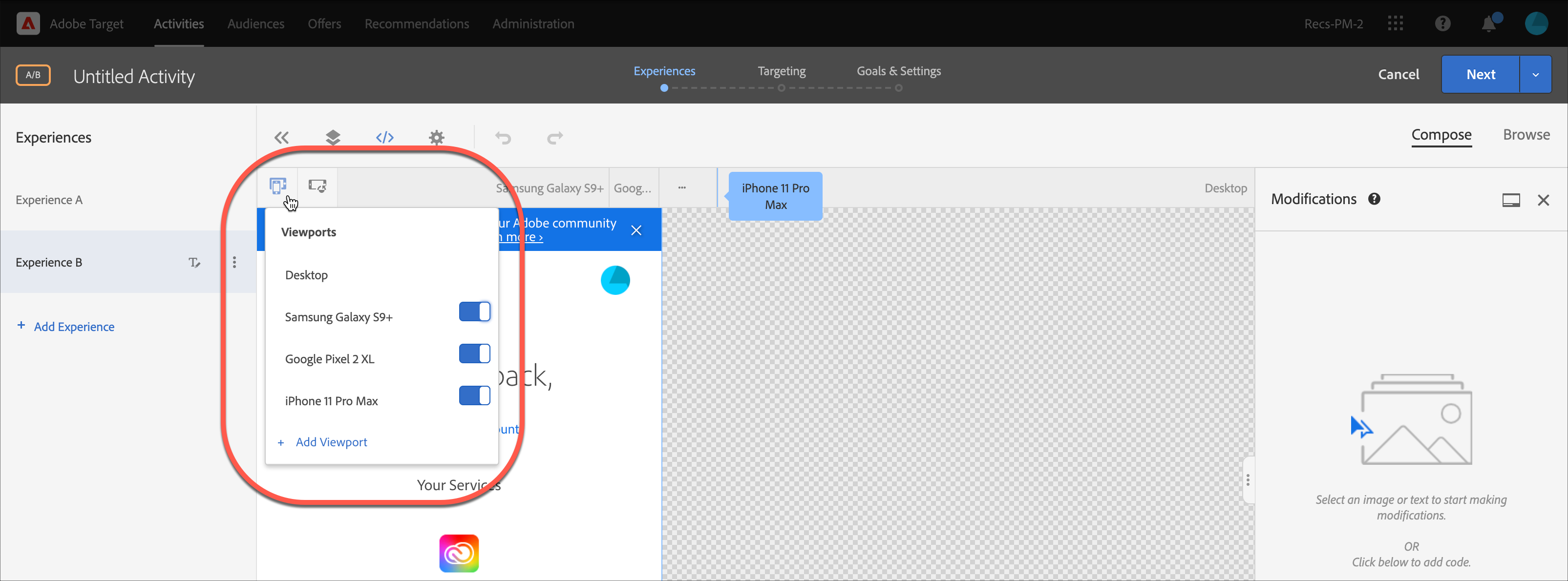 レスポンシブエクスペリエンスでモバイルビューポートを使用する方法を教えてください Adobe Target