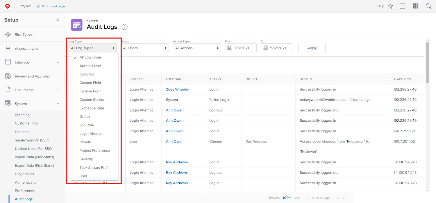 Understand the System Audit Log Adobe Workfront