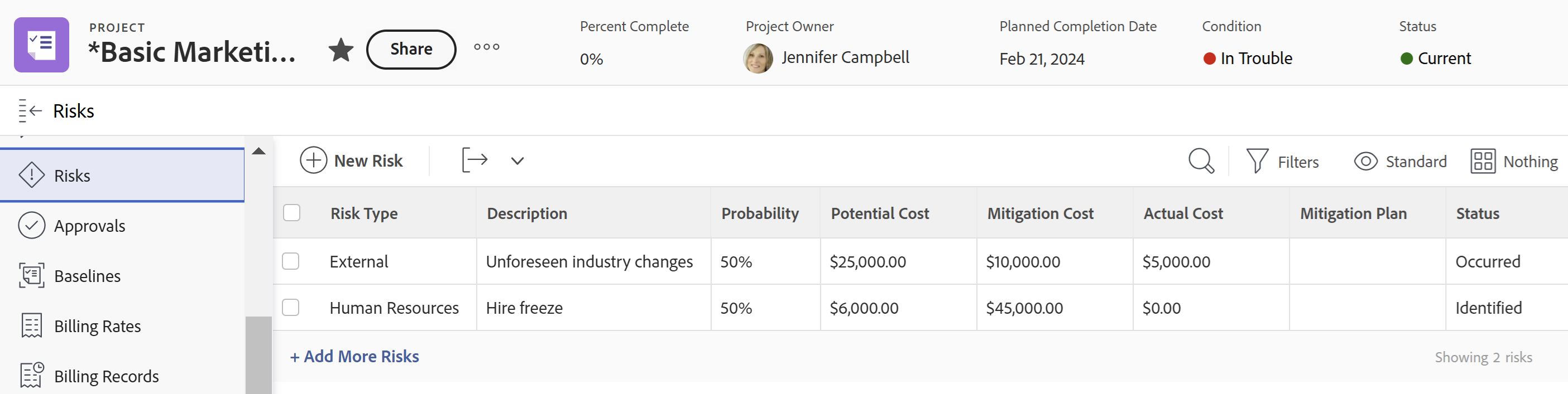 Risks section of task