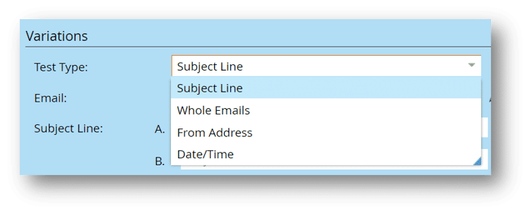 The variations part of the A/B test with the described test settings