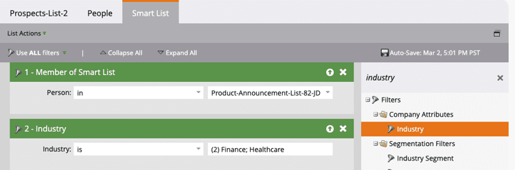 A Smart List using the Member of Smart List filter as a starting point and adding an Industry filter.