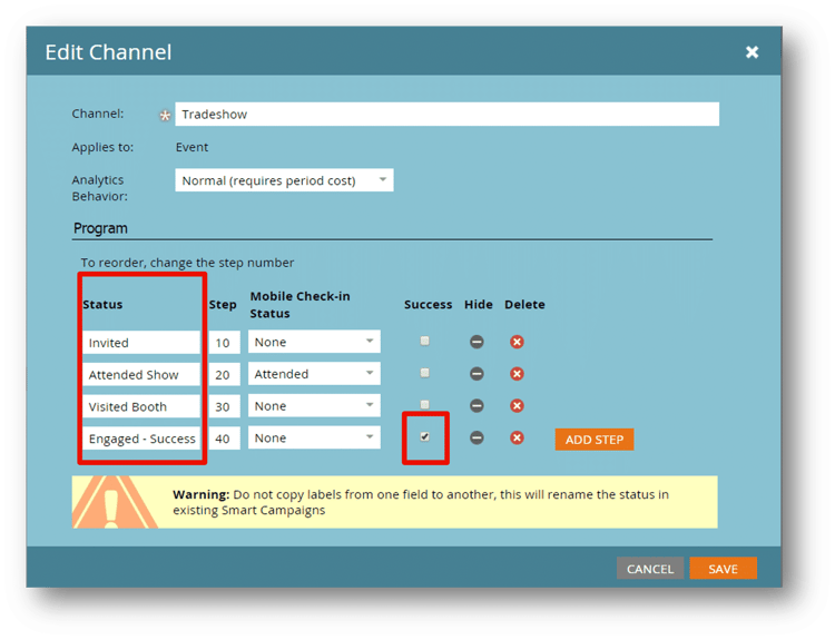 A view of the Edit Channel window for the Tradeshow channel. Shows four statuses with success check boxes next to each. The success checkbox for the last status, Engaged - Success, is checked.