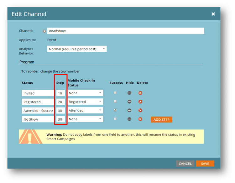 The Edit Channel window of a Roadshow channel, showing the steps and numbers for each status in the channel. The Attended - Success step has the Success checkbox checked, defining it as success for the channel