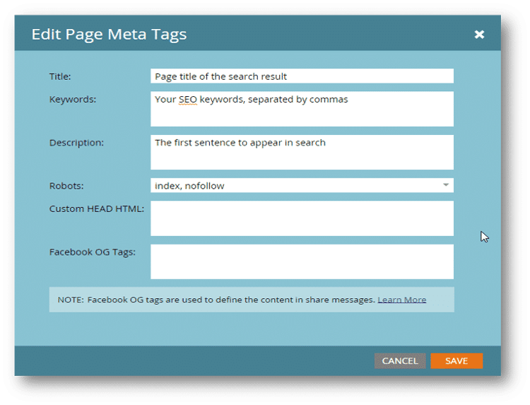 The edit page meta tags dialog box, accessible in the landing page editor.
