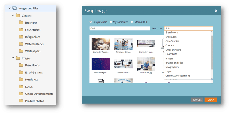 A navigation tree showing organization folders inside Design Studio, and a Swap Image dialog with the Search In drop-down open showing the same folders.