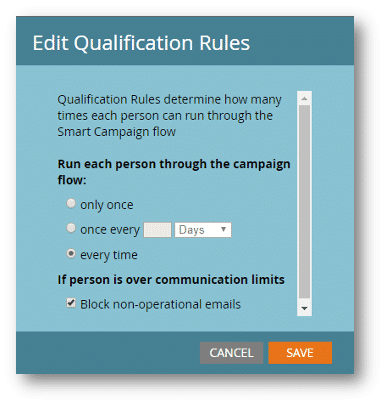The edit qualification rules dialog box in the schedule tab of a smart campaign.