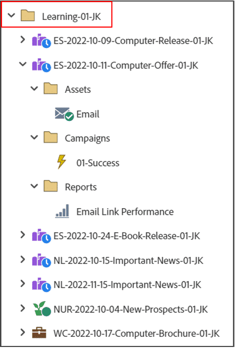 Navigation tree with a campaign folder highlighted