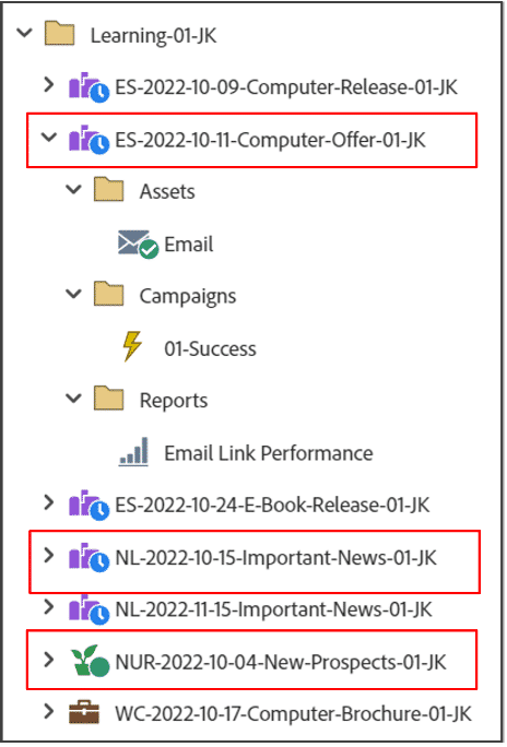 A Marketo Engage workspace navigation tree with three programs highlighted - two Email Programs and one Nurture Program.