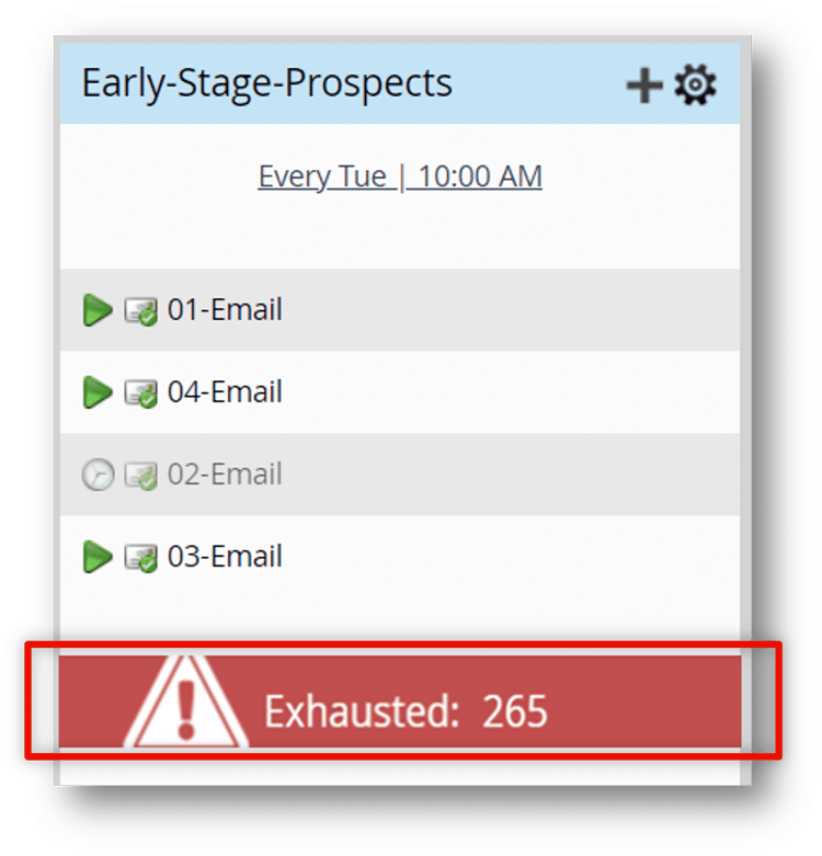 An engagement program stream that has the number of exhausted members highlighted at the bottom of the stream.