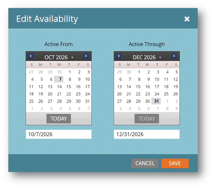 The edit availability pop-up dialog box.
