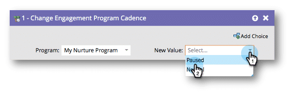 The change engagement program cadence flow step with the new value of paused being selected.