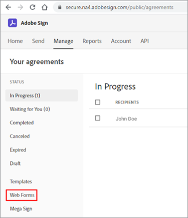 Screenshot of the Acrobat Sign Manage tab