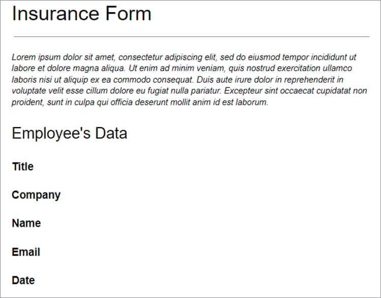 Screenshot of insurance form with a few fields