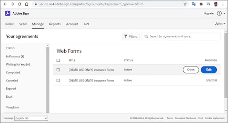 Screenshot of the Acrobat Sign Manage tab with Web Forms selected