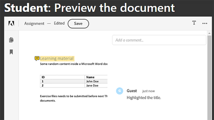 Screenshot of adding comment in PDF