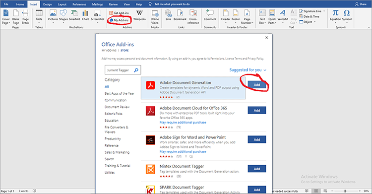 Screenshot of how to add Adoe Document Generation Tagger in Word