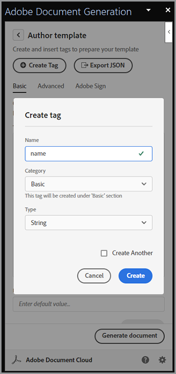 Screenshot of defining a tag
