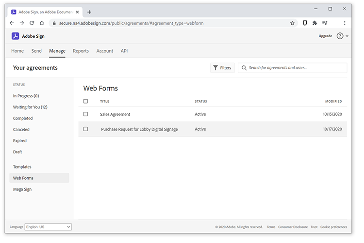 Image of Web Form in the Adobe Sign Manage screen