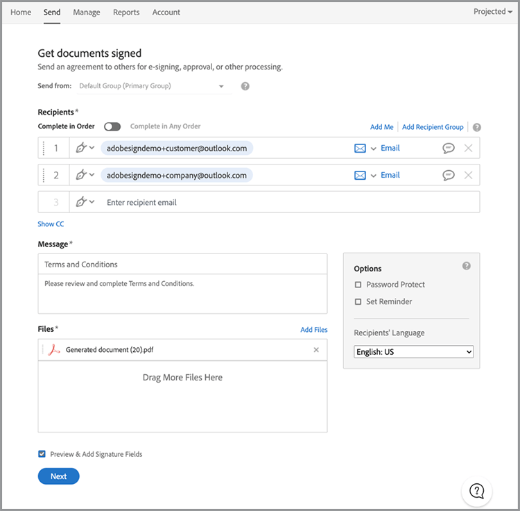 Screenshot of Recipients fields