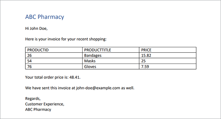Screenshot of dynamically generated PDF invoice