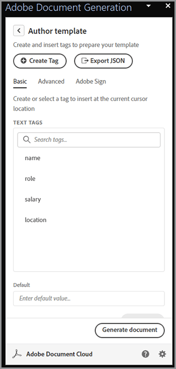 Screenshot of defined tags