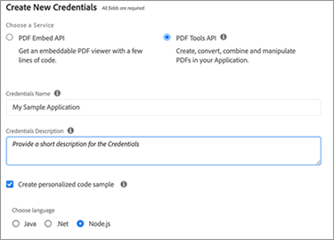 Image of Selecting PDF Services API Credentials