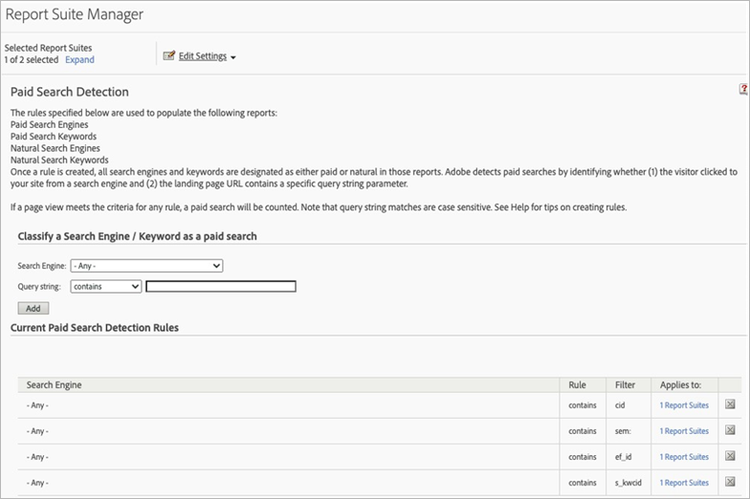 Example of a Paid Search Detection rule set in Analytics