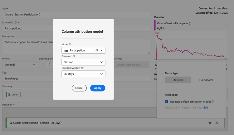 Column attribution model popup showing Participation selected as the model and Session selected for Lookback window.