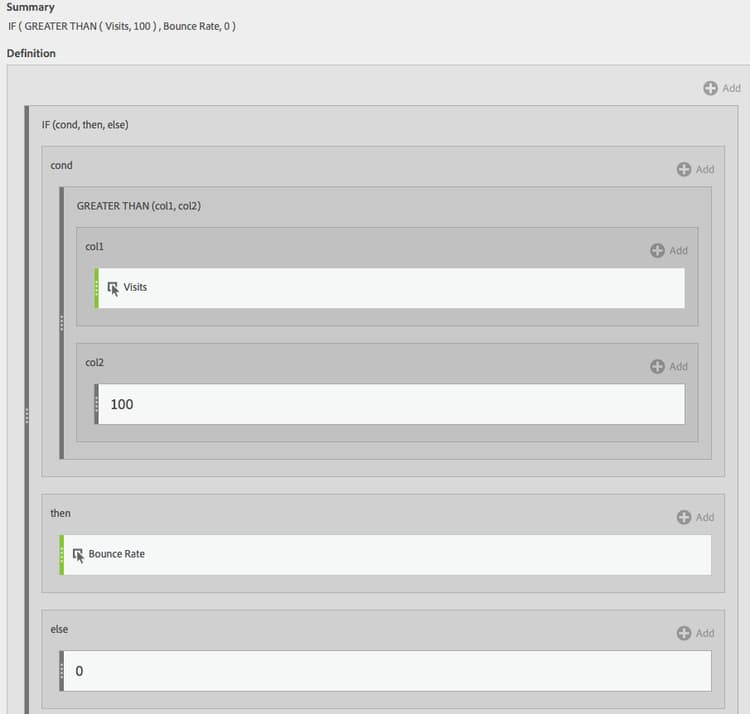 Summary window showing the metrics applied to column 1 (Visits) and column 2 (100) along with the Bounce Rate.