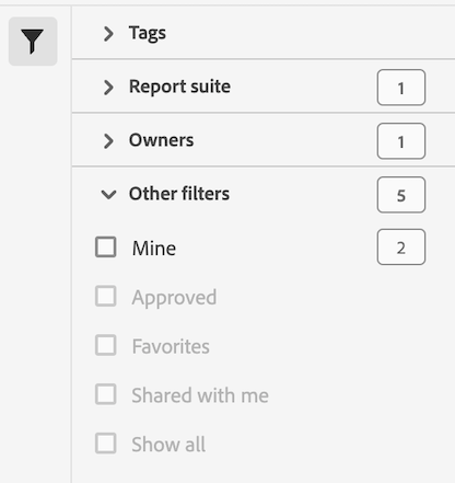 Calculated metrics manager showing the Filters icon and available filters such as Tags, Report suite, and Owners.