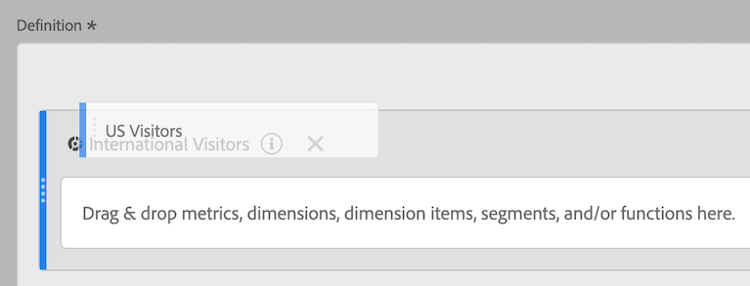 Definition canvas showing the US Visitors dropped on top of the International Visitors metric.