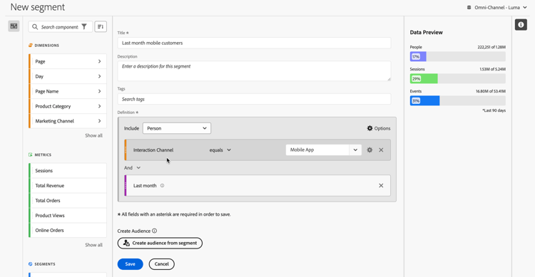 Segment details window showing fields and options described in the next section.