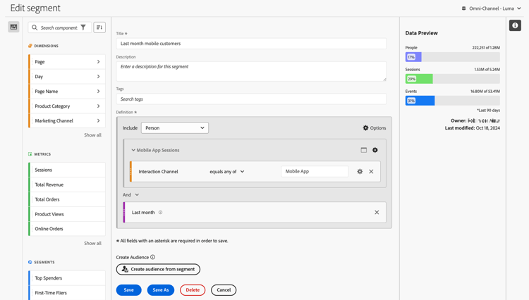 Segment details window showing fields and options described in the next section.