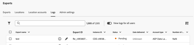 Export window showing the Logs tab
