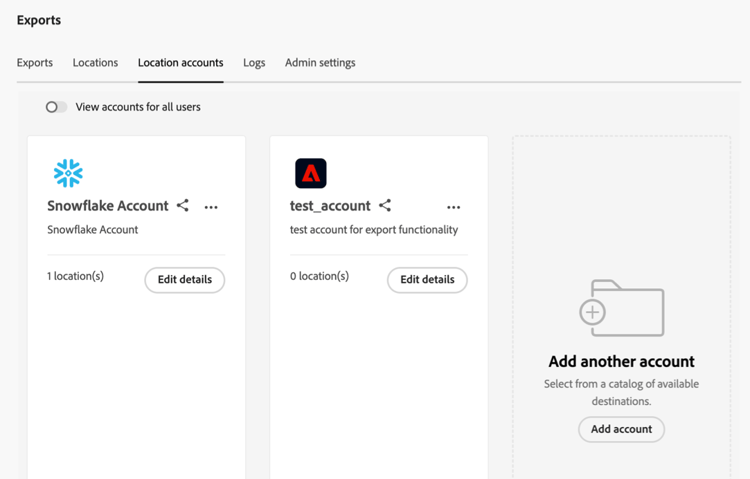 Exports window showing Location accounts tab