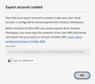 Export account created dialog Amazon S3 Role ARN