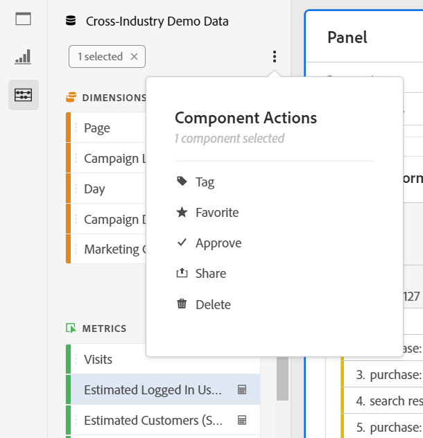 Component Actions list showing Tag, Favorite, approve, Share, and Delete.