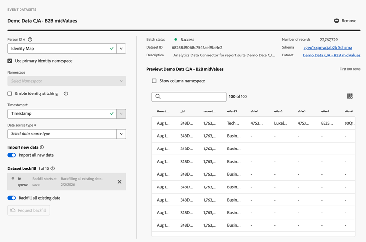 Event dataset settings B2C