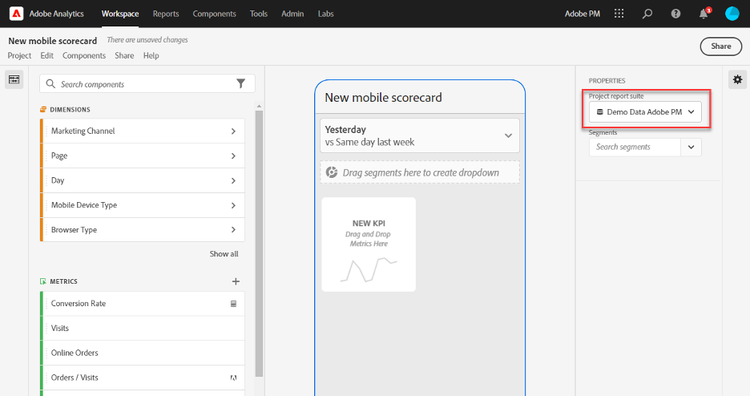 New mobile scorecard window highlighting the data view selection