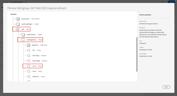 AEP Web SDK ExperienceEvent fieldgroup preview