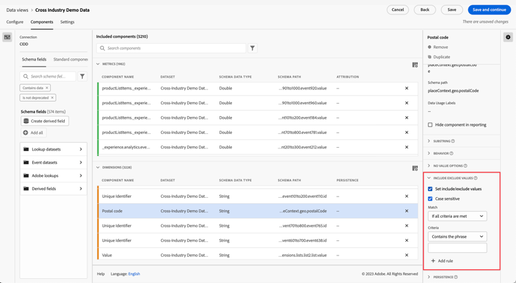 Data views window highlighting the Include exclude values