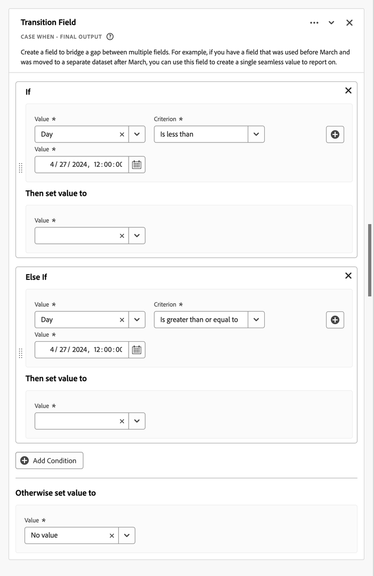Screenshot of the Transition Field rule builder