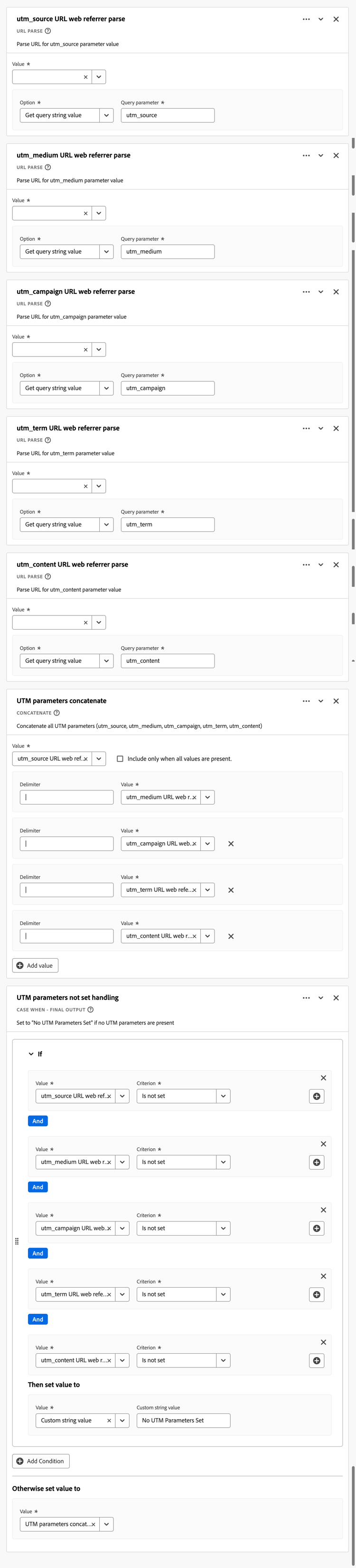 Screenshot of the UTM Parameters Parse rule builder